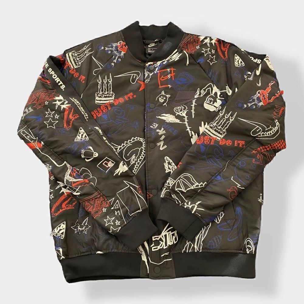 Nike Graffiti Print NSW Logo Full Zip Black Bomber Jacket Mens size Small New